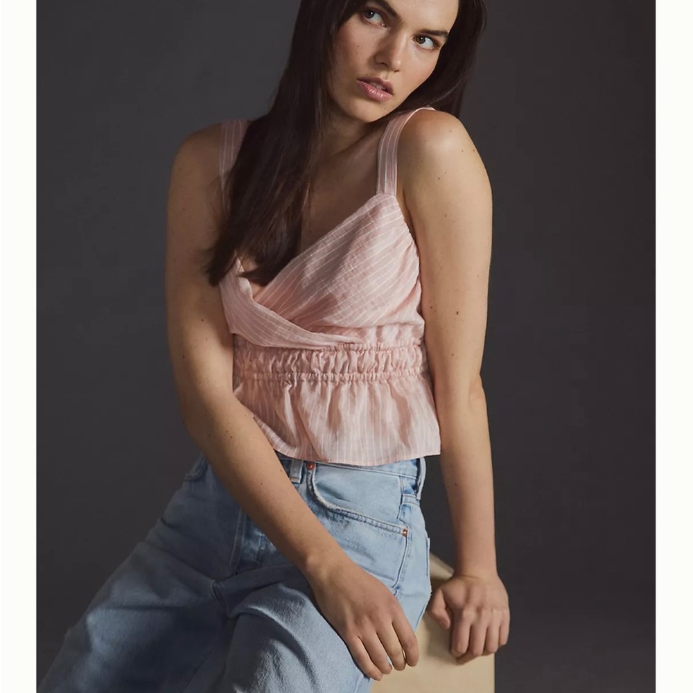 NWT Anthropologie Maeve Shirred Peplum Tank Top XL Blush Pink Stripe Lin…